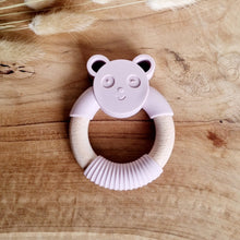 Load the picture into the gallery viewer, Baby Beißring aus Silikon und Pandabär mit Holzring Farbe Zartrosa