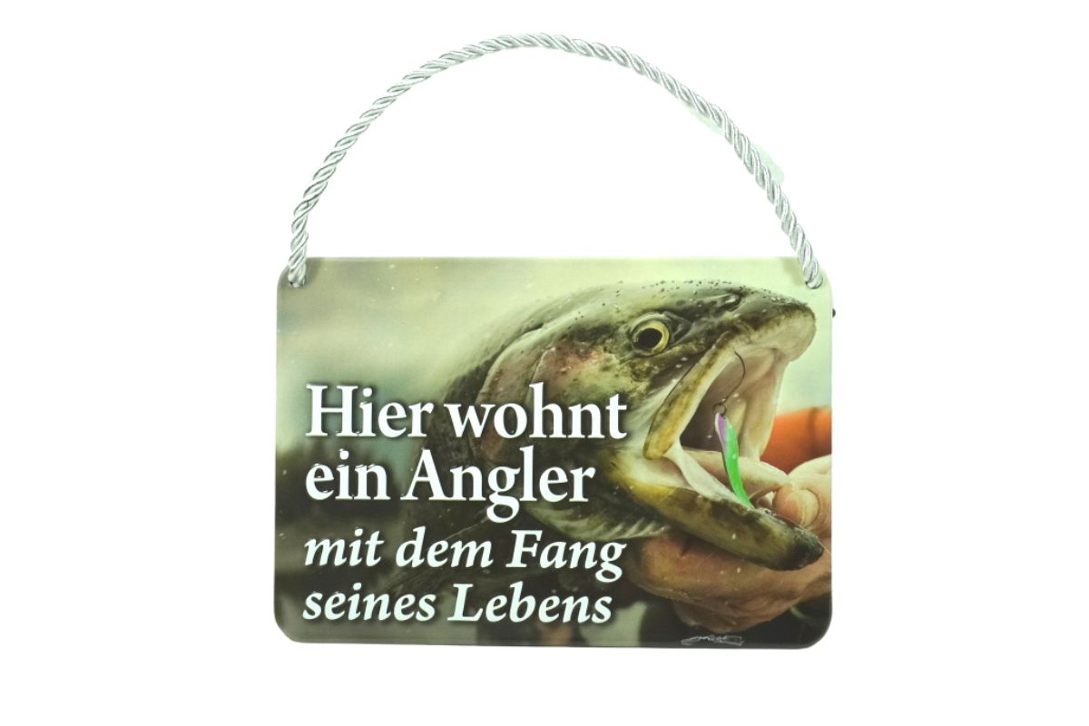 Deko Blechschild Aufhänger Wanddeko Hier wohnt ein Angler mit dem Fang seines Lebens8