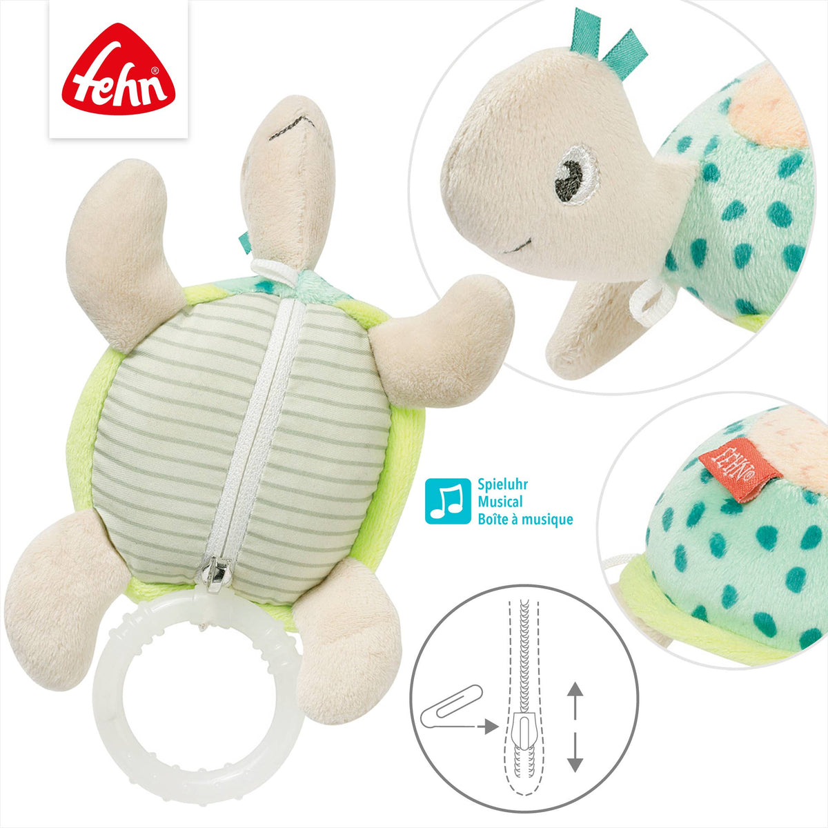 Fehn Mini-Spieluhr Schildkröte Baby Einschlafhilfe Schildkröte Kuscheltier mit Befestigung 4