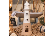 Lade das Bild in den Galerie-Viewer, Leuchtturm Teelichthalter Küsten Deko Maritimer Stil Weiß / Beige