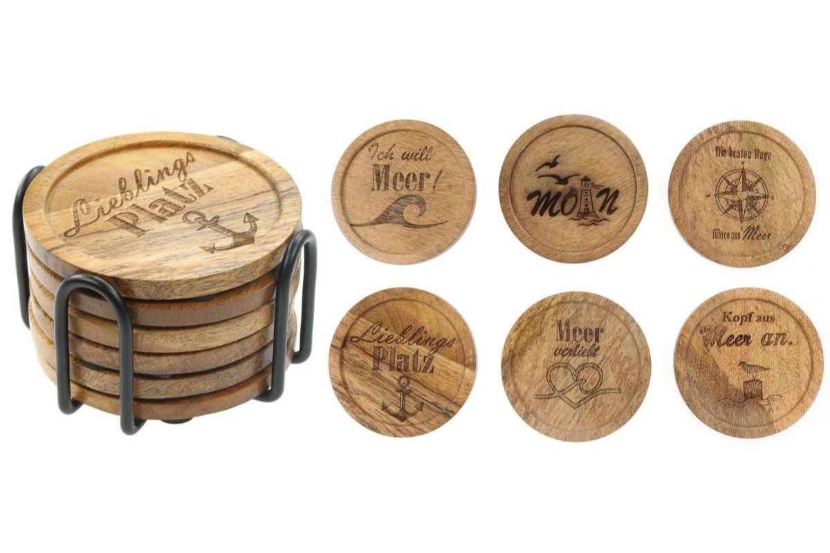 SET Untersetzer aus Mango Holz 6 Stück im Metallständer Ø10cm Küsten Deko Maritimer Stil