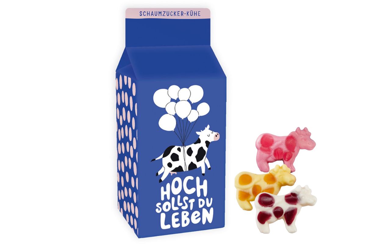 Schaumzucker Kühe "Hoch sollst du Leben" Im Milchtüten-Look mit coolen Sprüchen von Grafik Werkstatt
