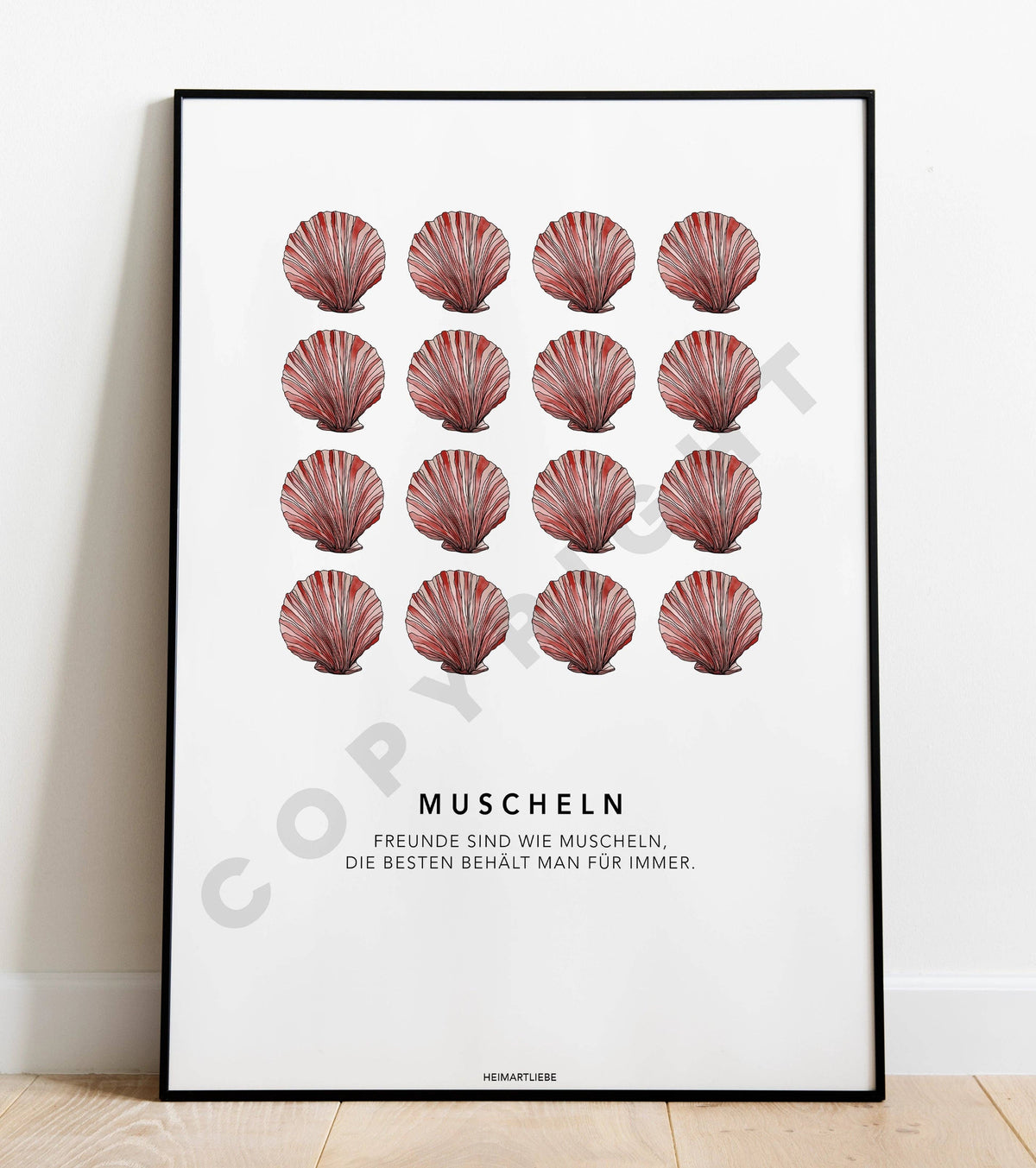 Nahaufnahme des Print mit 1 rosafarbenen Muscheln und dem Spruch "Freunde sind wie Muscheln, die besten behält man für immer."