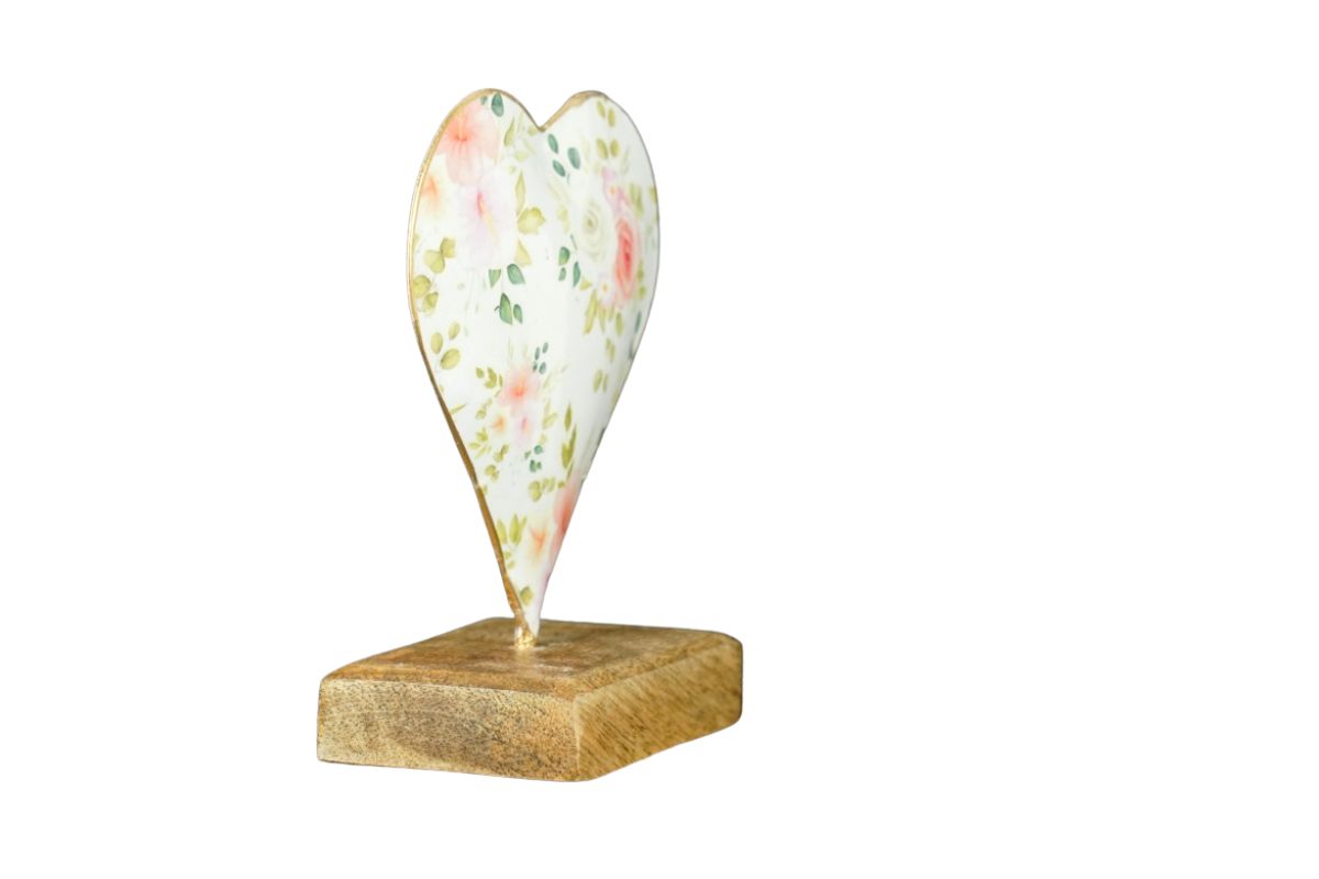 Deko Blumen Herz Aufsteller auf Holzsockel Metall Herz Blech 12cm