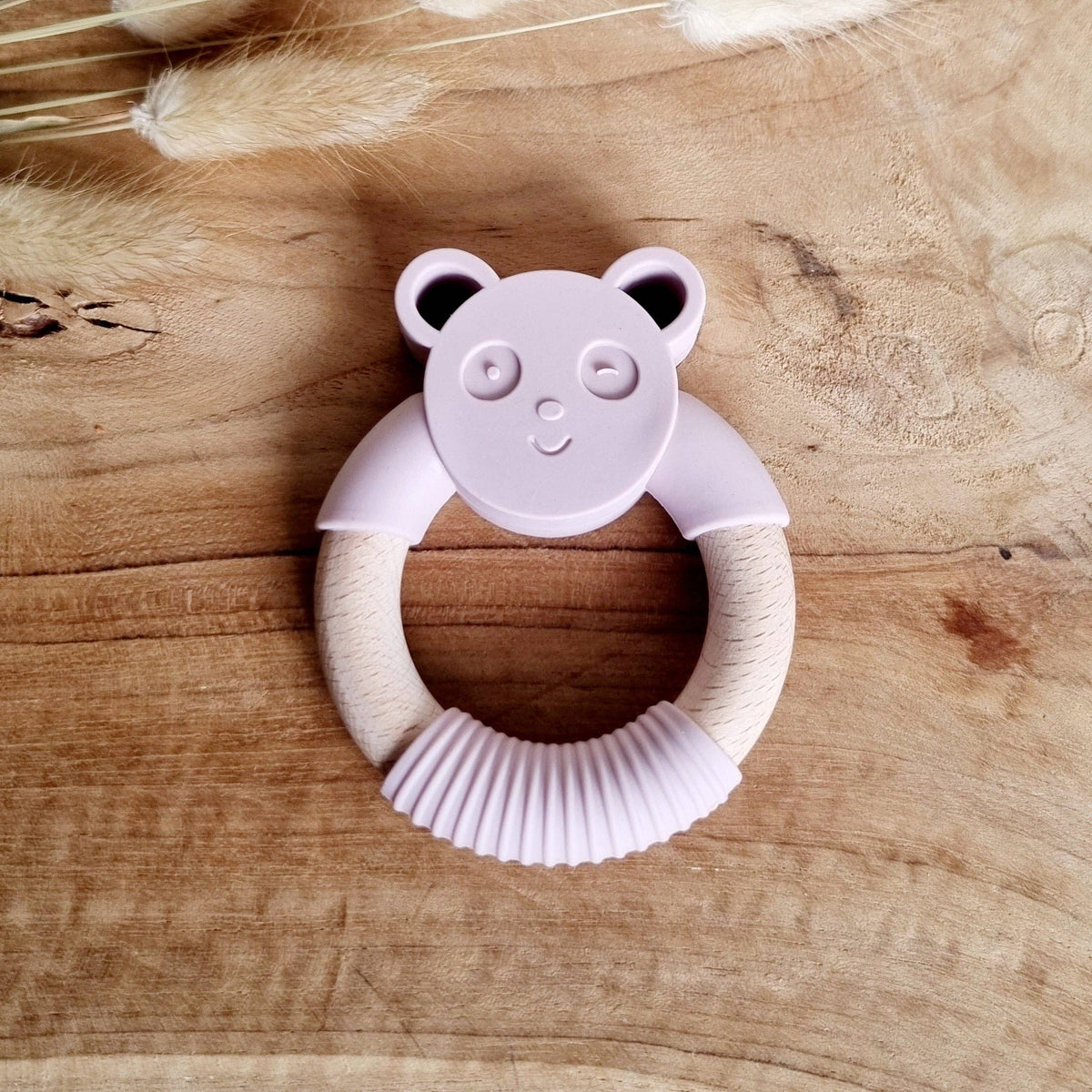 Baby Beißring aus Silikon und Pandabär mit Holzring Farbe Zartrosa