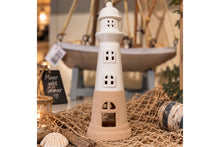 Lade das Bild in den Galerie-Viewer, Leuchtturm Teelichthalter Küsten Deko Maritimer Stil Weiß / Beige5
