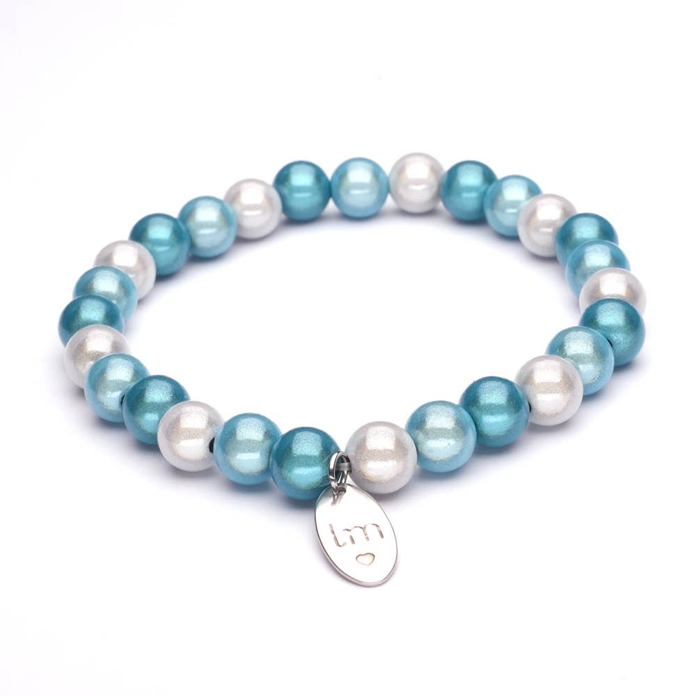 LizzyMae Damen Armband Galaxy Pearl Aqua Offwhite 8 mm Ø &amp; Anhänger LM