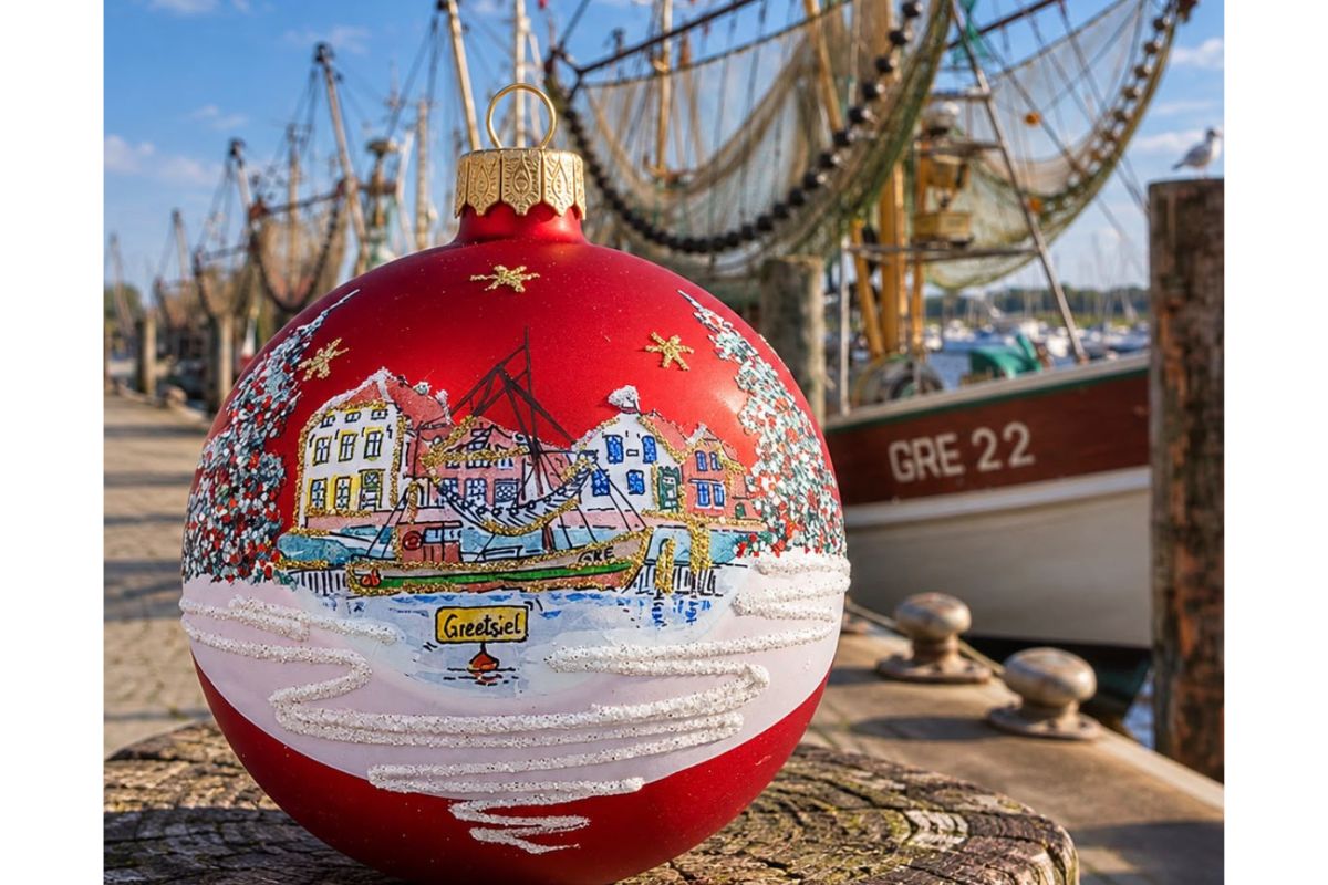 Weihnachtskugel „Greetsiel“ – Mundgeblasen & handbemalt | Maritimes Souvenir aus Glas