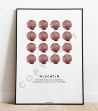 Load the picture into the gallery viewer, Nahaufnahme des Print mit 1 rosafarbenen Muscheln und dem Spruch "Freunde sind wie Muscheln, die besten behält man für immer."
