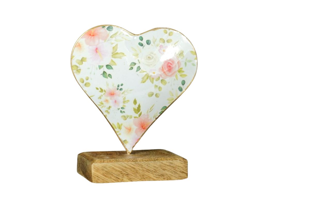 Deko Blumen Herz Aufsteller auf Holzsockel Metall Herz Blech 12cm