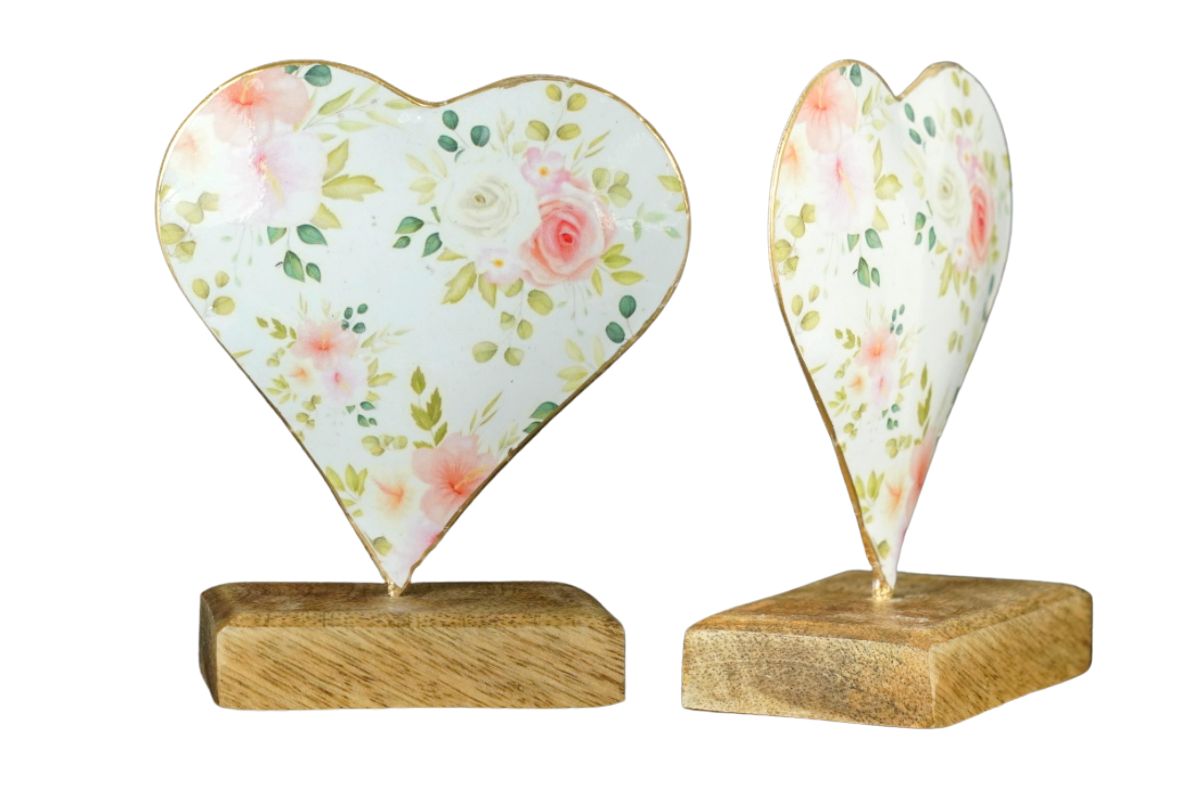 Deko Blumen Herz Aufsteller auf Holzsockel Metall Herz Blech 12cm
