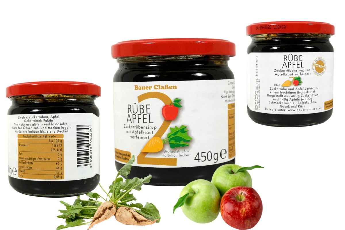 Rübe Apfel von Zuckerrübensirup mit Apfelkraut verfeinert Rübensirup Bauer Claßen 450g