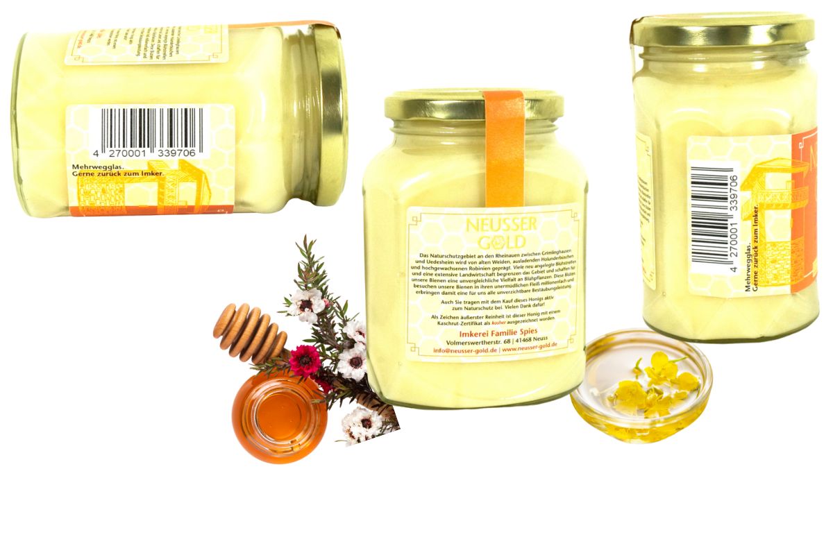 Neusser Gold Blütenhonig Frühlingsblüte mit Raps 500gr. Glas3