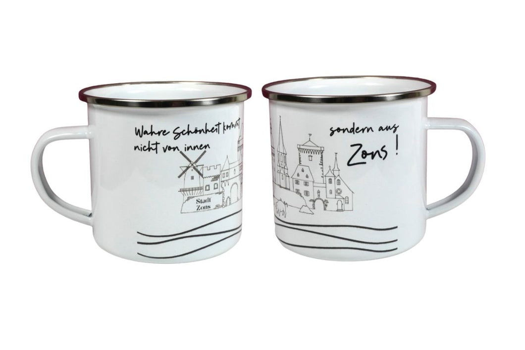 Emaille Becher Wahre Schönheit kommt nicht von innen sondern aus Zons Souvenir Tasse