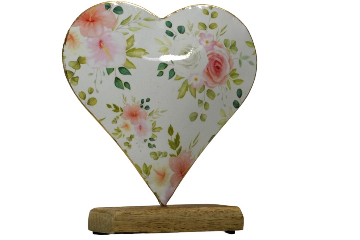 Deko Blumen Herz Aufsteller auf Holzsockel Metall Herz Blech 16,5cm