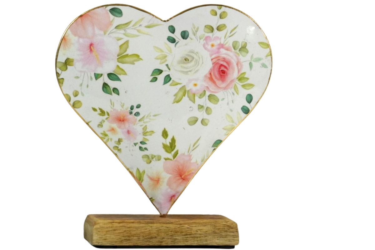 Deko Blumen Herz Aufsteller auf Holzsockel Metall Herz Blech 16,5cm